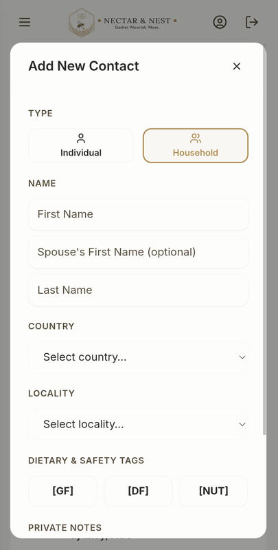 N&N App Add Contact Page